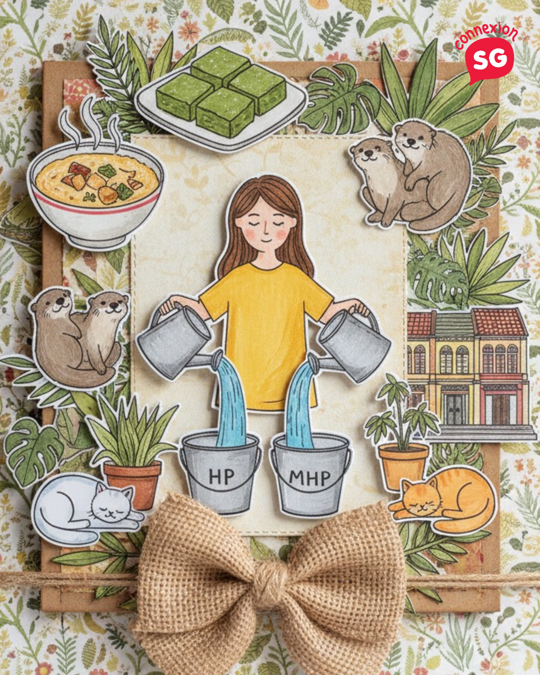 A craft-style illustration of a woman watering two buckets labeled HP (Health Points) and MHP (Mental Health Points)
